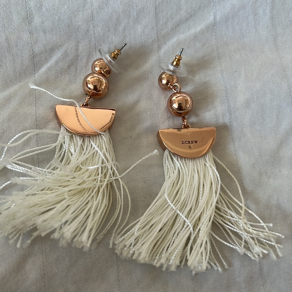 J. Crew Double rose Gold Tone Ball & cream Tassel Earrings. P/A - Picture 3 of 3